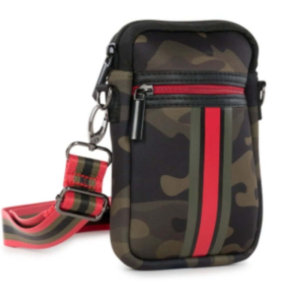 HAUTE SHORE Camouflage Crossbody Bag with Red and Green Stripes
